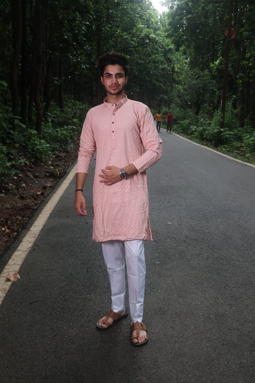 MEN ETHNIC MOTIFS MIRROR WORK COTTON KURTA WITH PAJAMA